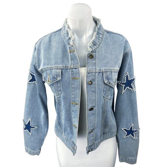 Unbranded Jackets & Blazers - Women's Blue Star Beaded Long Sleeve Frayed Button Up Denim Jean Jacket Size M
